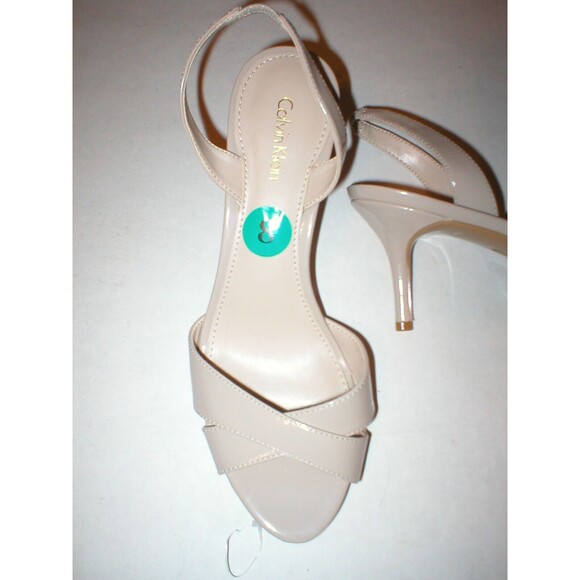 New Womens Calvin Klein Slingbacks Beige Heels Open Toe 9.5 Patent Taupe Nude - Picture 2 of 5